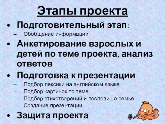 Этапы проекта Подготовительный этап: Обобщение информации Анкетирование взрослых и детей по