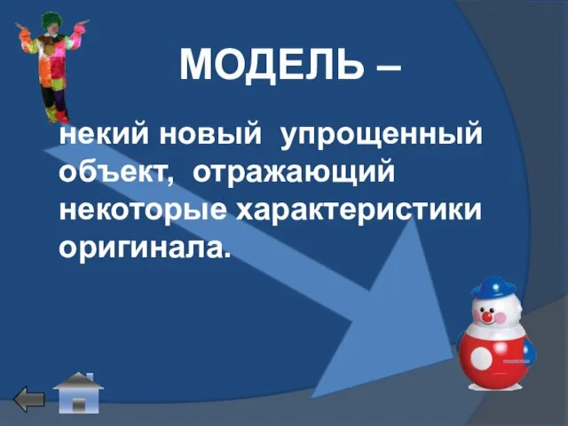 МОДЕЛЬ – некий новый упрощенный объект, отражающий некоторые характеристики оригинала.