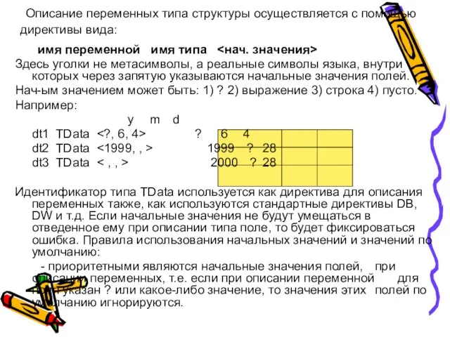 Описание переменных типа структуры осуществляется с помощью директивы вида: имя переменной