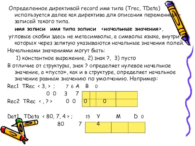 Определенное директивой record имя типа (Trec, TData) используется далее как директива