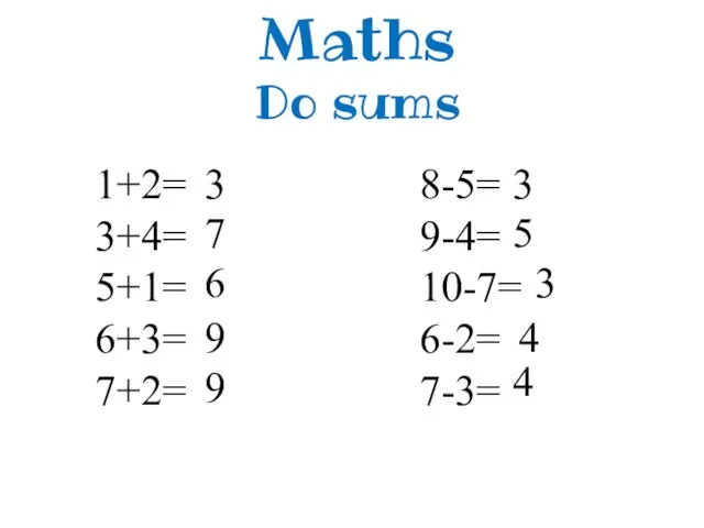 Maths Do sums 1+2= 3+4= 5+1= 6+3= 7+2= 8-5= 9-4= 10-7=