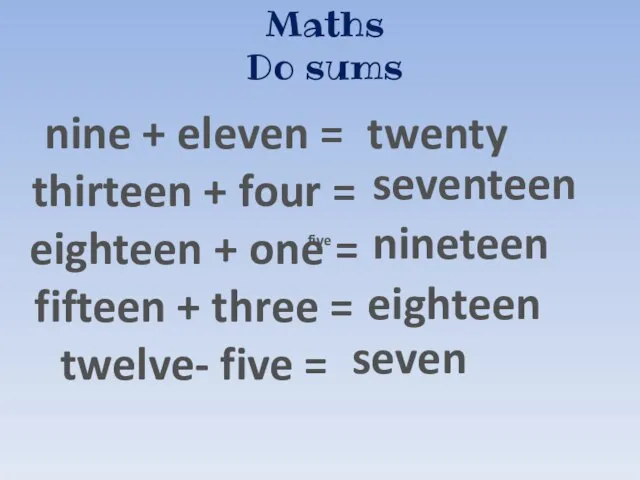 Maths Do sums nine + eleven = thirteen + four =