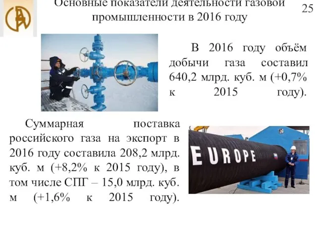 Основные показатели деятельности газовой промышленности в 2016 году В 2016 году