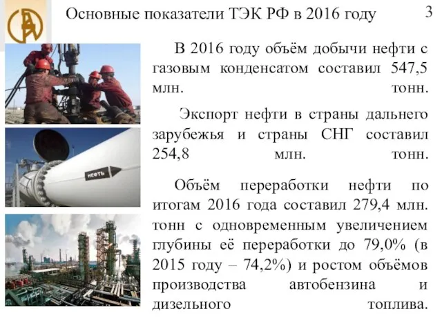 Основные показатели ТЭК РФ в 2016 году В 2016 году объём
