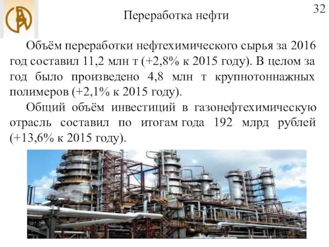 Переработка нефти 32 Объём переработки нефтехимического сырья за 2016 год составил