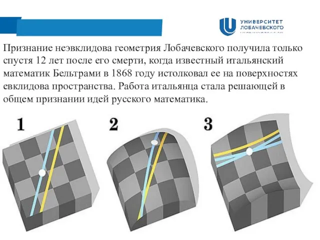 Признание неэвклидова геометрия Лобачевского получила только спустя 12 лет после его
