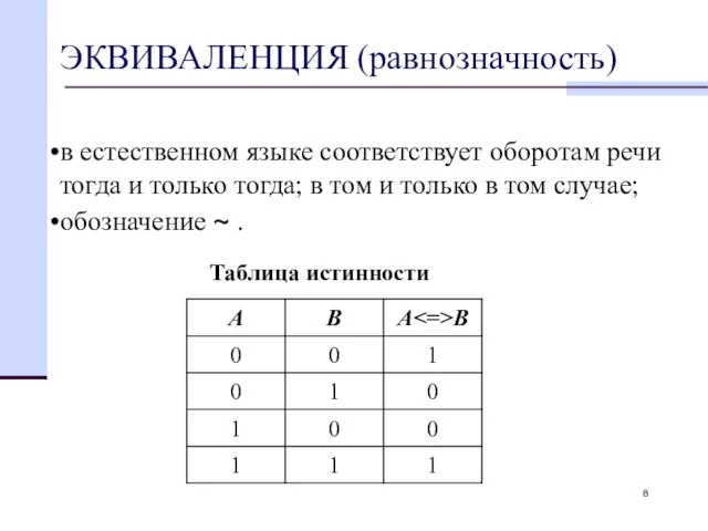 ЭКВИВАЛЕНЦИЯ (равнозначность) в естественном языке соответствует оборотам речи тогда и только