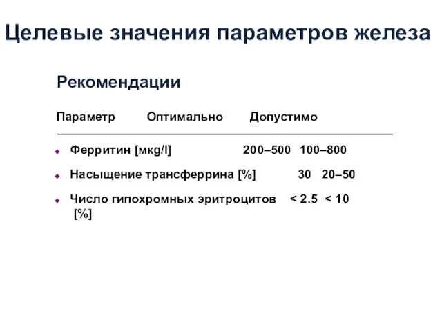 Целевые значения параметров железа Рекомендации Параметр Оптимально Допустимо Ферритин [мкg/l] 200–500