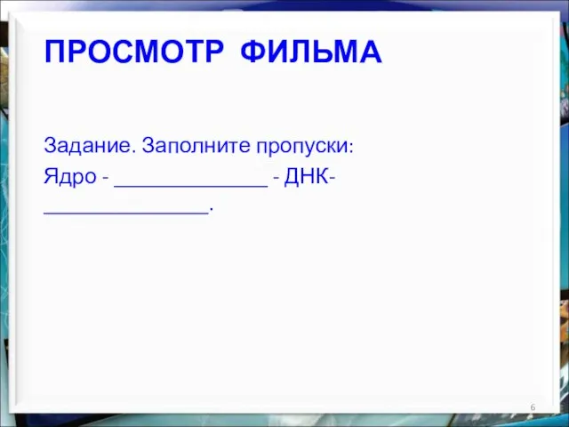 ПРОСМОТР ФИЛЬМА Задание. Заполните пропуски: Ядро - ______________ - ДНК- _______________.