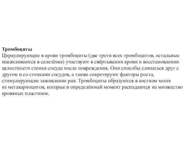 Тромбоциты Циркулирующие в крови тромбоциты (две трети всех тромбоцитов, остальные накапливаются