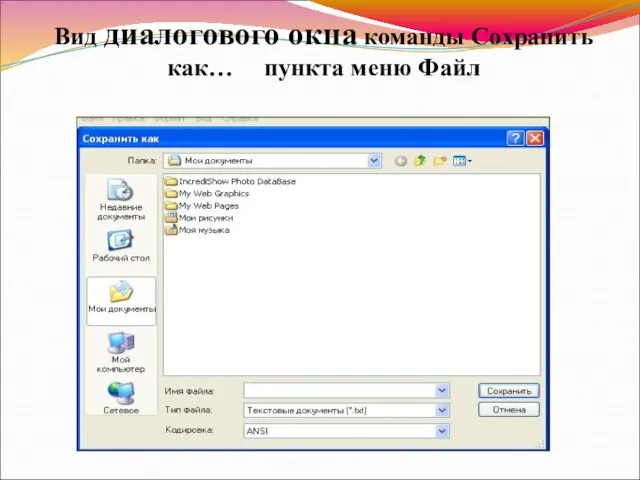 Вид диалогового окна команды Сохранить как… пункта меню Файл