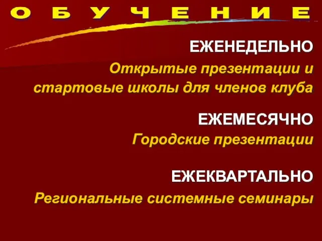 ЕЖЕНЕДЕЛЬНО Открытые презентации и стартовые школы для членов клуба ЕЖЕМЕСЯЧНО Городские презентации ЕЖЕКВАРТАЛЬНО Региональные системные семинары