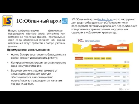 1С:Облачный архив (backup.1c.ru) – это инструмент для защиты баз данных «1С:Предприятие