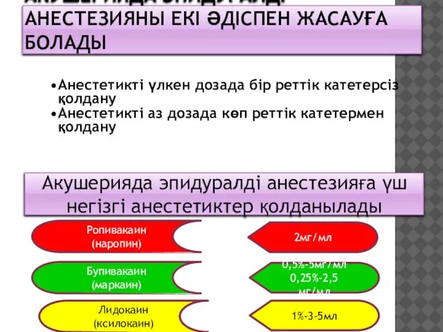 АКУШЕРИЯДА ЭПИДУРАЛДІ АНЕСТЕЗИЯНЫ ЕКІ ӘДІСПЕН ЖАСАУҒА БОЛАДЫ Анестетикті үлкен дозада бір