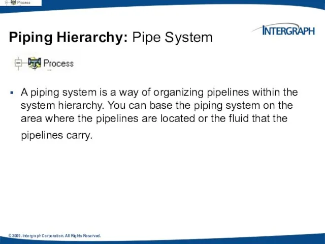 © 2009. Intergraph Corporation. All Rights Reserved. Piping Hierarchy: Pipe System