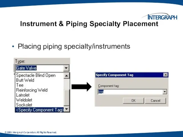 © 2009. Intergraph Corporation. All Rights Reserved. Instrument & Piping Specialty Placement Placing piping specialty/instruments