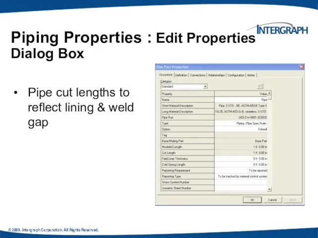 © 2009. Intergraph Corporation. All Rights Reserved. Pipe cut lengths to