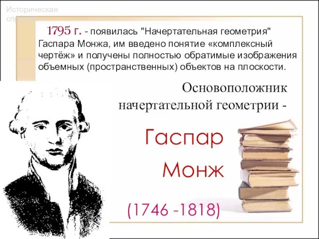 1795 г. - появилась "Начертательная геометрия" Гаспара Монжа, им введено понятие