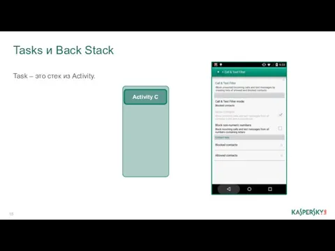 Tasks и Back Stack Activity A Activity B Activity C Task – это стек из Activity.