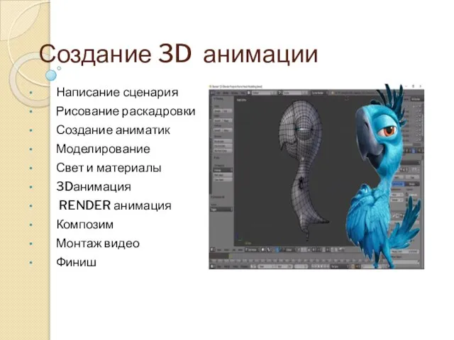 Создание 3D анимации Написание сценария Рисование раскадровки Создание аниматик Моделирование Свет