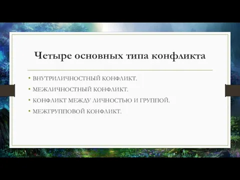 Четыре основных типа конфликта ВНУТРИЛИЧНОСТНЫЙ КОНФЛИКТ. МЕЖЛИЧНОСТНЫЙ КОНФЛИКТ. КОНФЛИКТ МЕЖДУ ЛИЧНОСТЬЮ И ГРУППОЙ. МЕЖГРУППОВОЙ КОНФЛИКТ.