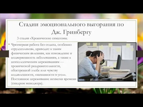 3 стадия «Хронические симптомы. Чрезмерная работа без отдыха, особенно «трудоголиков», приводит