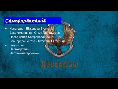 Çåмøýпрãвлéни́ē Командир - Шакриева Виолетта Зам. командира - Ольга Бородулина Пресс-центр-Софронова