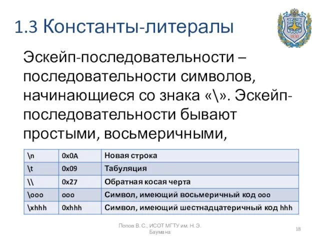 1.3 Константы-литералы Попов В. С., ИСОТ МГТУ им. Н. Э. Баумана