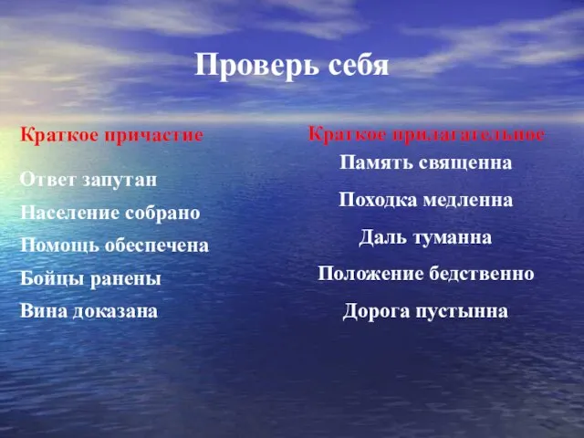 Проверь себя Краткое причастие Ответ запутан Население собрано Помощь обеспечена Бойцы