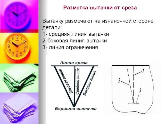 Разметка вытачки от среза Вытачку размечают на изнаночной стороне детали: 1-