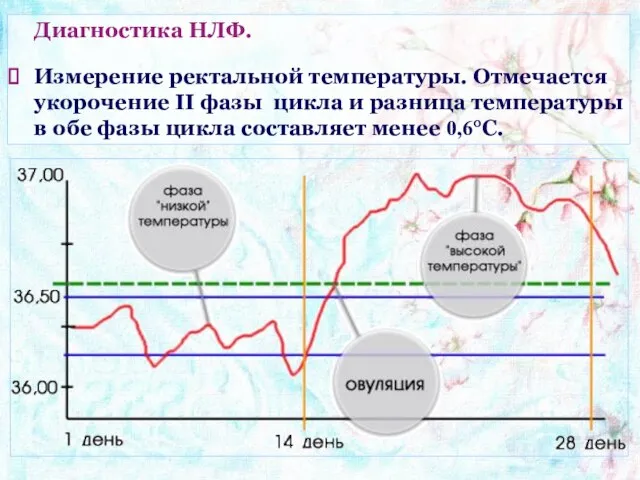 Диагностика НЛФ. Измерение ректальной температуры. Отмечается укорочение II фазы цикла и