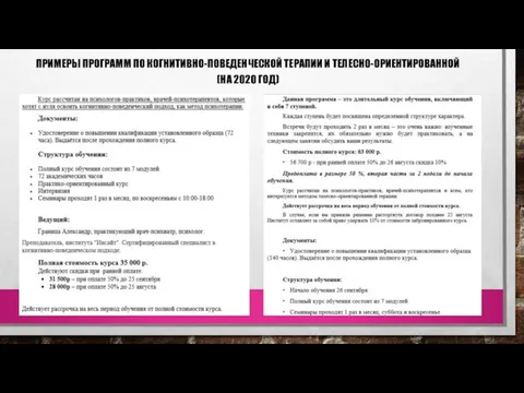 ПРИМЕРЫ ПРОГРАММ ПО КОГНИТИВНО-ПОВЕДЕНЧЕСКОЙ ТЕРАПИИ И ТЕЛЕСНО-ОРИЕНТИРОВАННОЙ (НА 2020 ГОД)