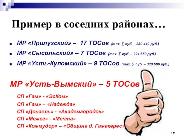 Пример в соседних районах… МР «Прилузский» – 17 ТОСов (max. ∑