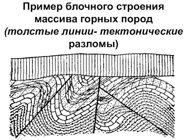 Пример блочного строения массива горных пород (толстые линии- тектонические разломы)