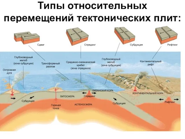 Типы относительных перемещений тектонических плит: