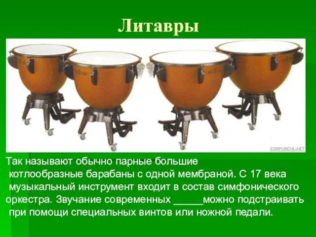 Литавры Так называют обычно парные большие котлообразные барабаны с одной мембраной.