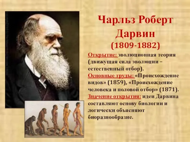 Чарльз Роберт Дарвин (1809-1882) Открытие: эволюционная теория (движущая сила эволюции –