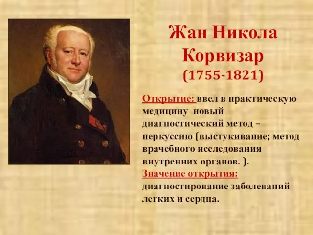 Жан Никола Корвизар (1755-1821) Открытие: ввел в практическую медицину новый диагностический