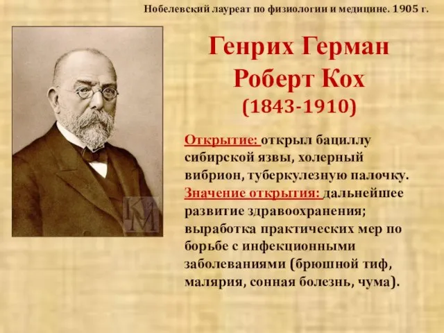 Генрих Герман Роберт Кох (1843-1910) Открытие: открыл бациллу сибирской язвы, холерный