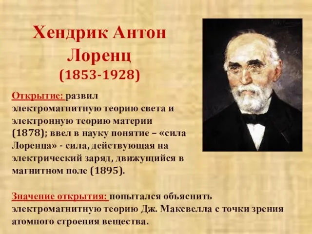 Хендрик Антон Лоренц (1853-1928) Открытие: развил электромагнитную теорию света и электронную