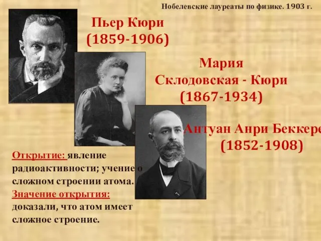 Пьер Кюри (1859-1906) Нобелевские лауреаты по физике. 1903 г. Мария Склодовская