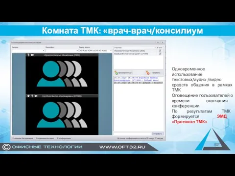 Комната ТМК: «врач-врач/консилиум врачей» Одновременное использование текстовых/аудио-/видео средств общения в рамках