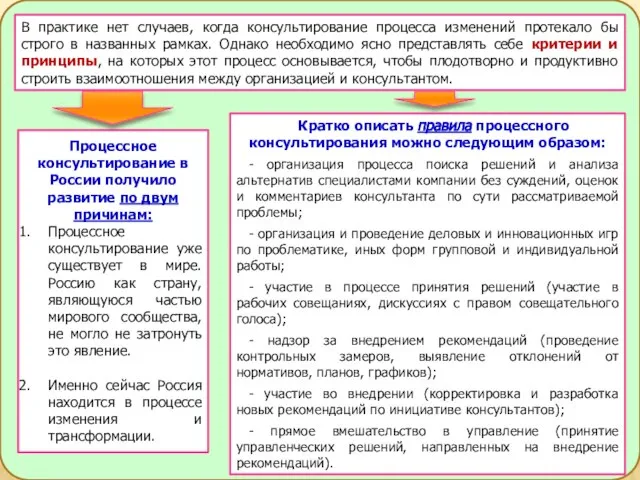 В практике нет случаев, когда консультирование процесса изменений протекало бы строго