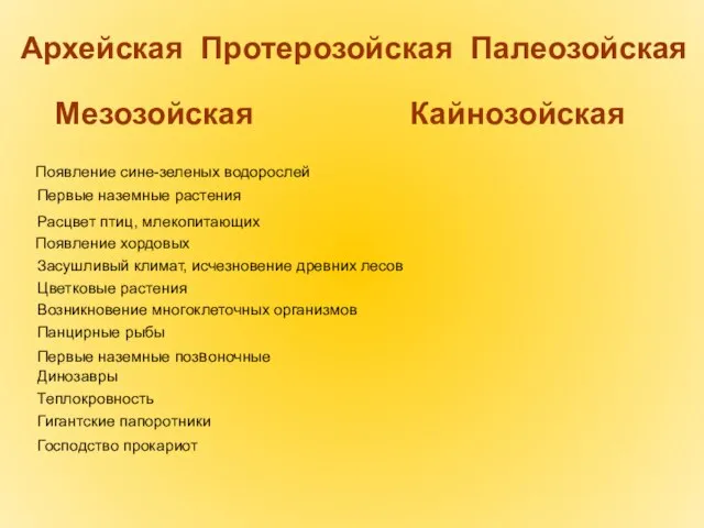 Архейская Протерозойская Палеозойская Мезозойская Кайнозойская Гигантские папоротники Появление сине-зеленых водорослей Первые