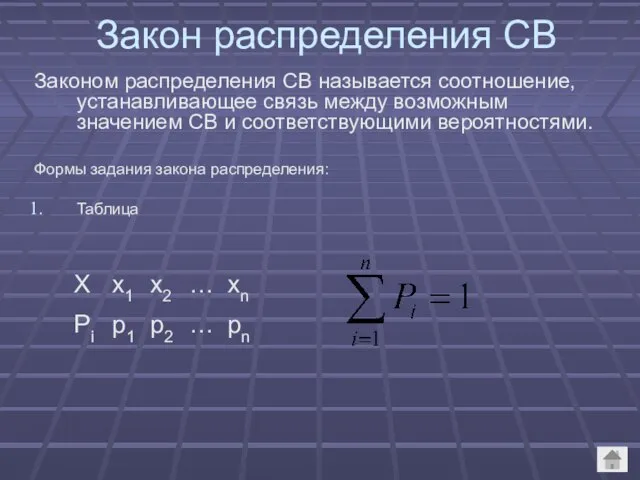 Законом распределения СВ называется соотношение, устанавливающее связь между возможным значением СВ