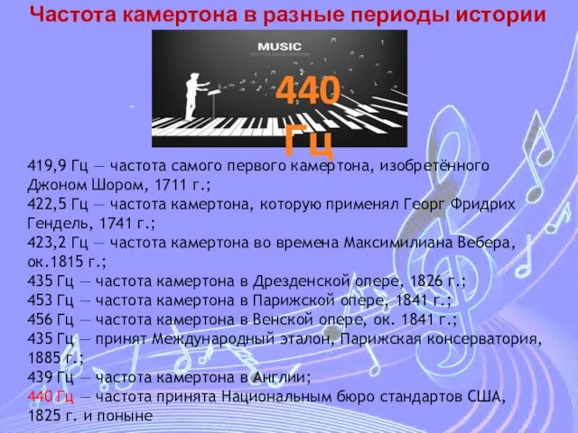 Частота камертона в разные периоды истории 419,9 Гц — частота самого