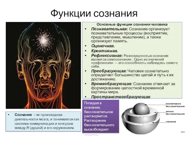 Функции сознания Основные функции сознания человека Познавательная: Сознание организует познавательные процессы