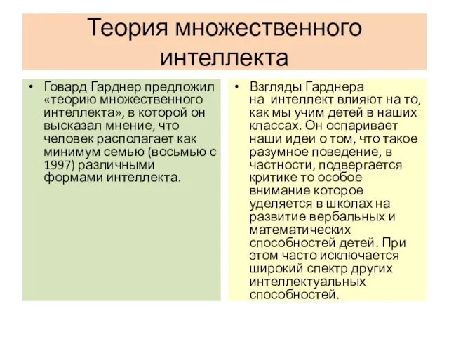 Теория множественного интеллекта Говард Гарднер предложил «теорию множественного интеллекта», в которой