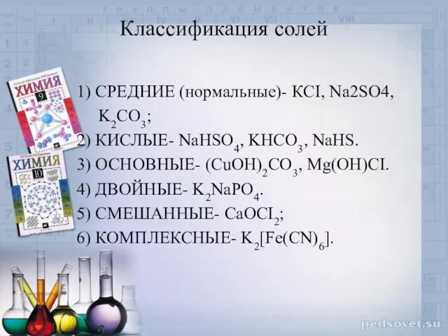 Классификация солей 1) СРЕДНИЕ (нормальные)- КCI, Na2SO4, K2CO3; 2) КИСЛЫЕ- NaHSO4,