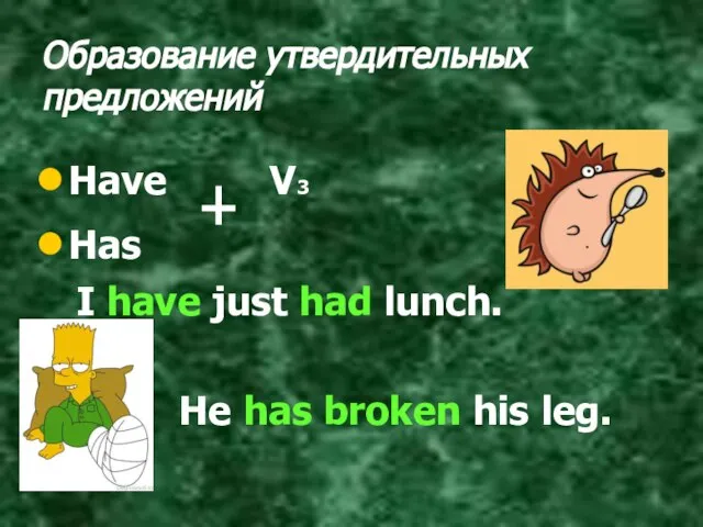 Образование утвердительных предложений Have V3 Has I have just had lunch. He has broken his leg.